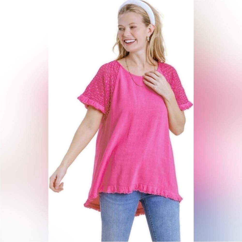 UMGEE Linen Blend Pink Women's Top Raw Hem Lace Sleeve Size 2XL